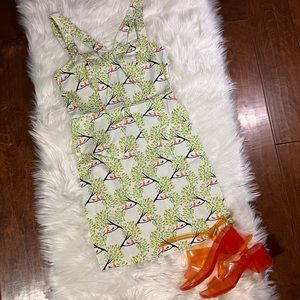 Marks & Spencer Bodycon Dress Bird Pattern Pink and Green Cutout Back Zipper